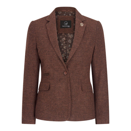 Women's Rust Brown 2 Piece Set Herringbone Wool Tweed Check Blazer Waistcoat