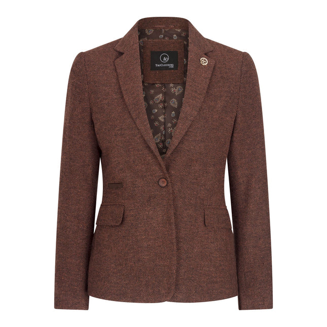 Women's Rust Brown 2 Piece Set Herringbone Wool Tweed Check Blazer Waistcoat