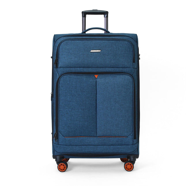 Soft Shell Blue Linen Suitcase Set 8 Wheel Lightweight Travel Luggage