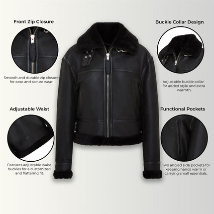 Womens Black B3 Shearling Sheepskin Leather Aviator Bomber Flying Jacket