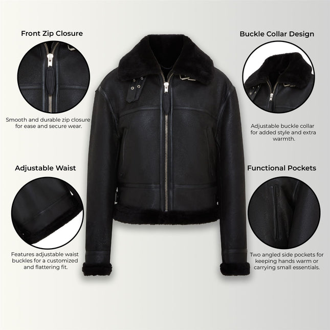 Womens Black B3 Shearling Sheepskin Leather Aviator Bomber Flying Jacket