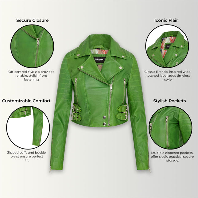 Womens Cropped Brando Leather Biker Jacket-Damascus