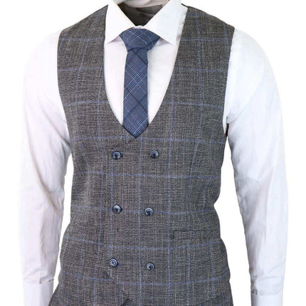 Mens 3 Piece Grey With Blue Check Tweed Vintage Classic Suit
