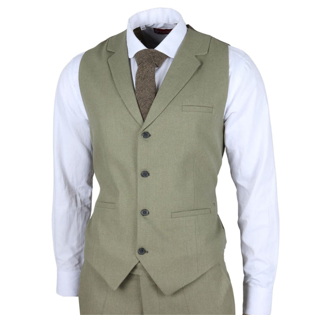 Men's Sage Green Tailor Fit 3 Piece Linen Summer Wedding Suit
