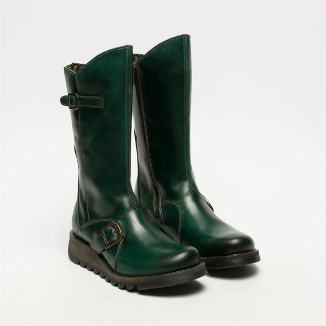 Fly London Womens Green Mes 2 Wedge Heel Buckle Mid-Calf Leather Zip Platform Boots