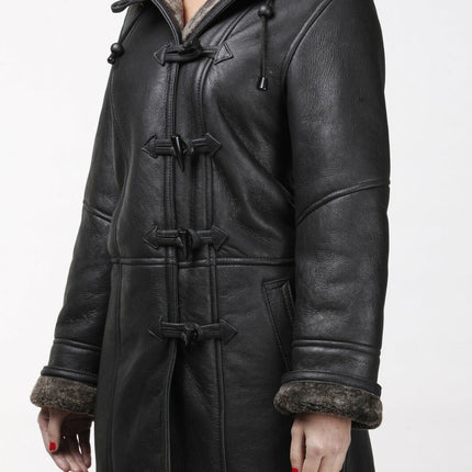 Womens Black Shearling Hooded Duffle Coat-Lille