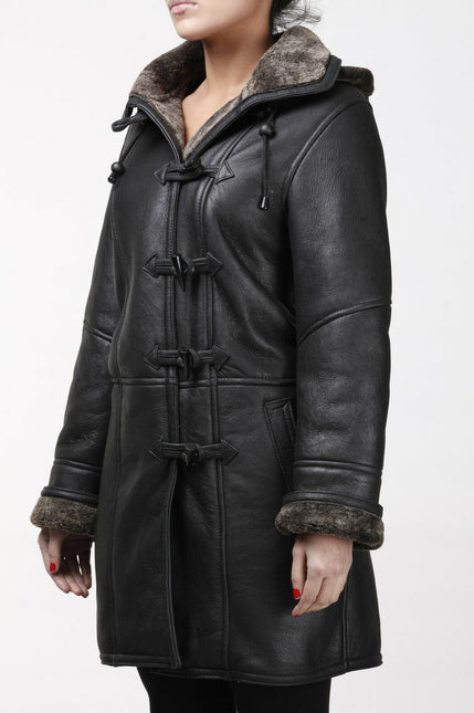 Womens Black Shearling Hooded Duffle Coat-Lille