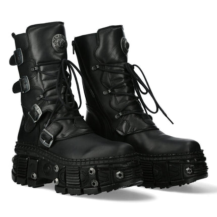 New Rock Leather Mid Calf Black Boots-WALL373-S11