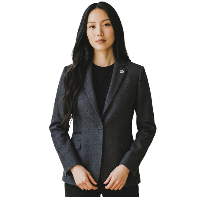 Women's Black Wool Tweed Herringbone Check Blazer - WS-1