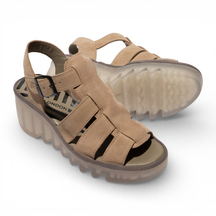 Fly London Women's BAIC621FLY Taupe Suede Leather Wedge Sandals