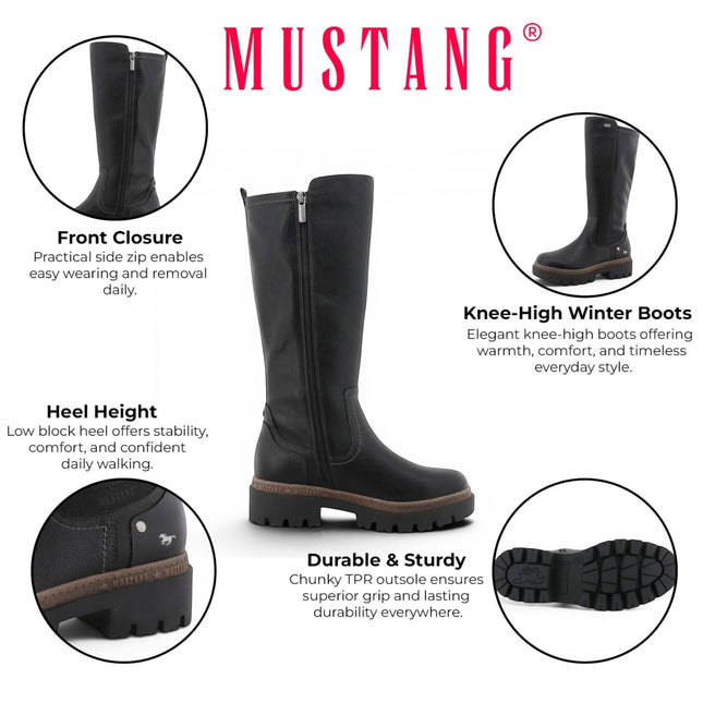 Mustang Women's Black Knee High Chunky Long Winter Boots - M0062001