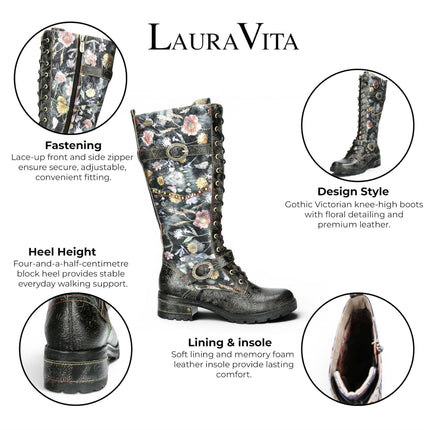Laura Vita Women's Victorian Floral Black Leather High Lace-Up Long Boots - Cocrailo-82