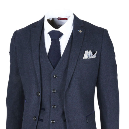 Men's Navy Blue Wool Blend Tweed 3 Piece Formal Suit