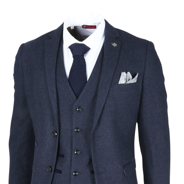 Men's Navy Blue Wool Blend Tweed 3 Piece Formal Suit