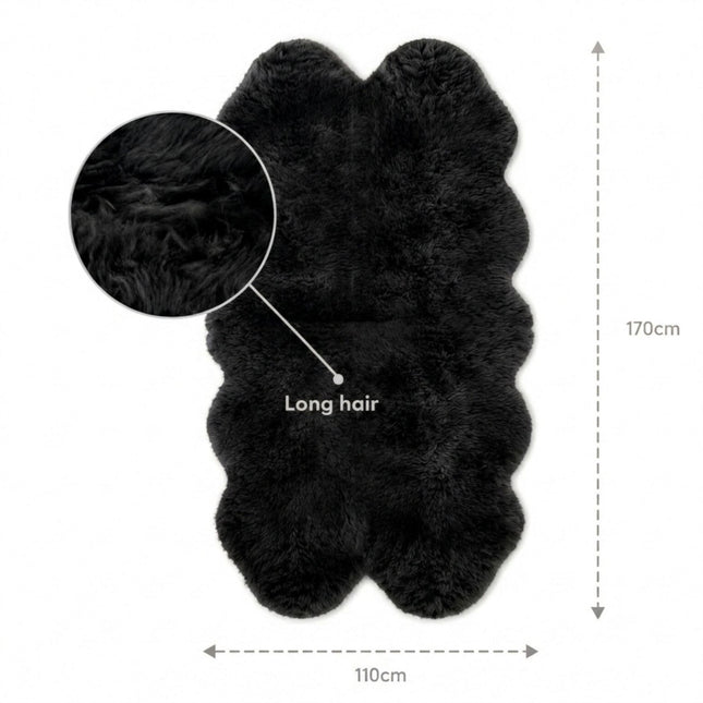 Genuine Sheepskin Black Quad Natural Fluffy Silky Soft Real Wool Rug