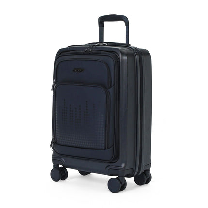 Hybrid ABS+PU Black Cabin Suitcase 57x37x25cm 8 Wheel Front Pocket Luggage
