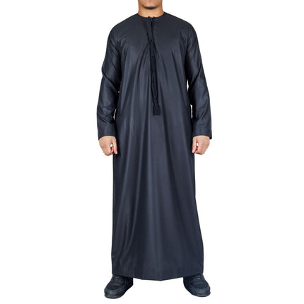 Men's Black Thobe Emirati Islamic Jubba Robe Eid Tassel Slim Fit