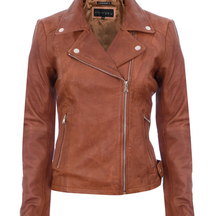 Womens Tan Leather Biker Jacket-Sacramento