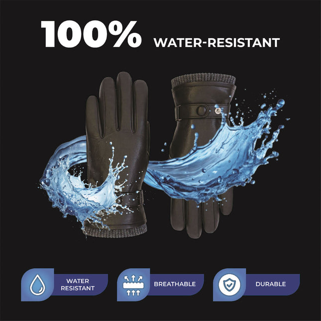 Men’s Brown Italian Leather Warm Wool Lining Winter Knit Rib Gloves - M-LGV-105