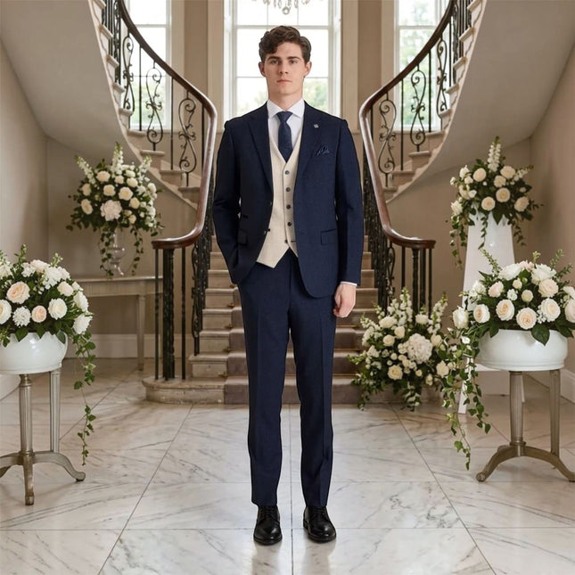 Men's Check Navy Blazer Cream Waistcoat Wedding 3 Piece Suit - Regent