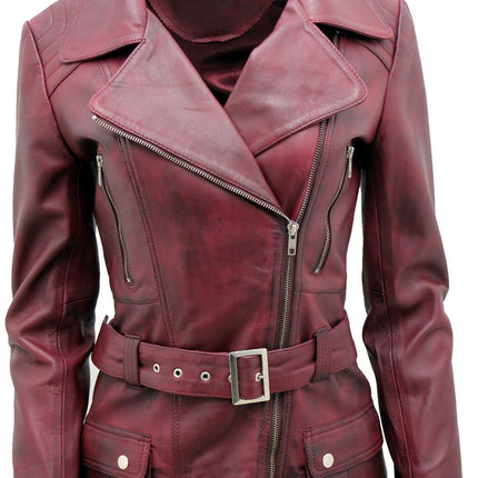 Womens Long Leather Biker Jacket-Quito