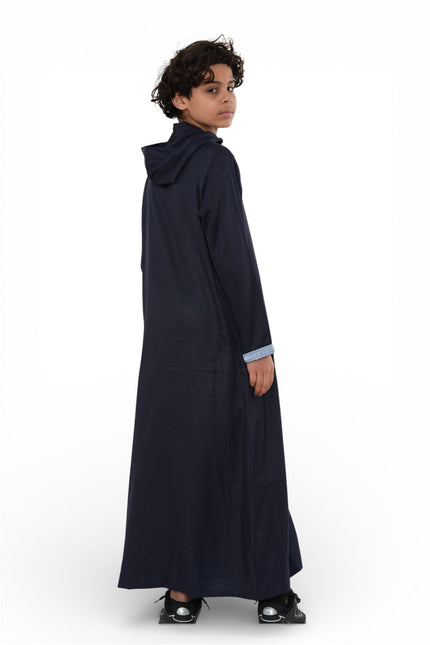 Kids Boys Navy Blue Eid Hooded Moroccan Thobe Robe Djellaba Ramadan Jubba- K-HM3
