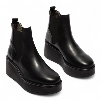 Fly London Womens Black Hely268 Chelsea Leather Ankle Pull-On Platform Comfort Boots