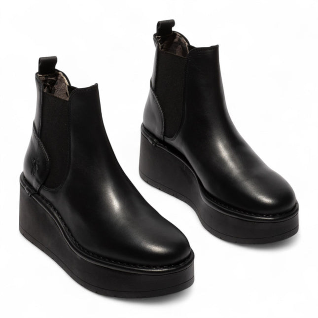 Fly London Womens Black Hely268 Chelsea Leather Ankle Pull-On Platform Comfort Boots