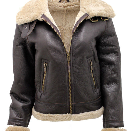 Womens Brown B3 Sheepskin Leather Flying Jacket-Kayseri
