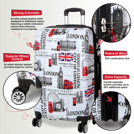 Hard Shell Printed Cabin 36 x 48 x 20 cm Suitcase Luggage Suitable for Easyjet, Ryanair