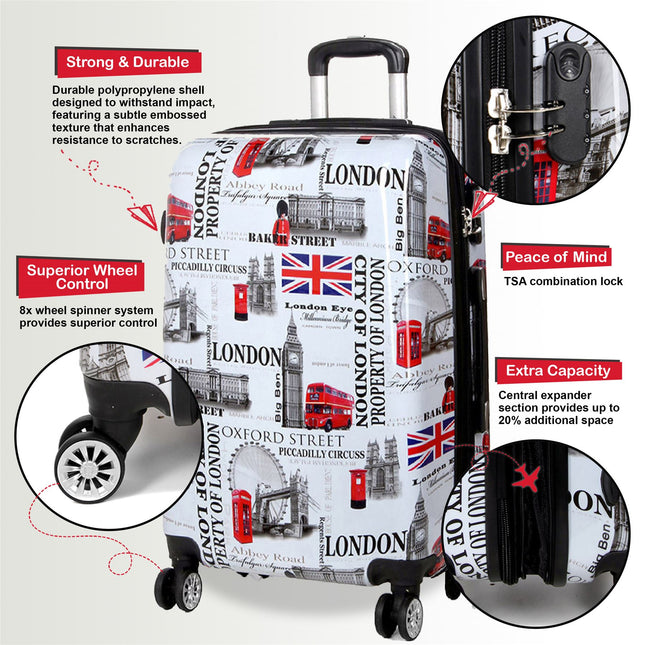 Hard Shell Printed Cabin 36 x 48 x 20 cm Suitcase Luggage Suitable for Easyjet, Ryanair