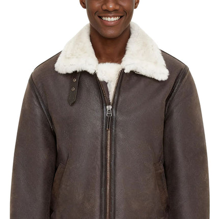 Mens Creck Brown Warm Sheepskin Aviator Zip-Up Flight Jacket-Harrogate