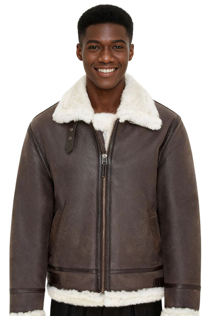 Mens Creck Brown Warm Sheepskin Aviator Zip-Up Flight Jacket-Harrogate
