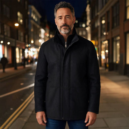 Mens Black Leather Funnel Neck Collar Coat Jacket - Thomas