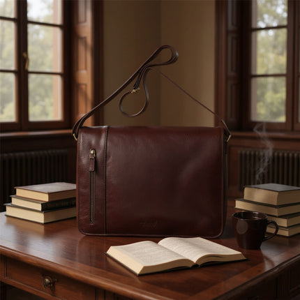 Genuine Leather Brown Laptop Satchel Messenger Shoulder Bag - Astor