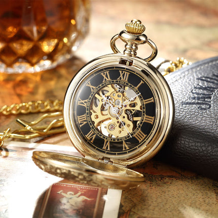 Vinatage Gold Mechanical Alloy Skeleton Half Hunter Pocket Watch