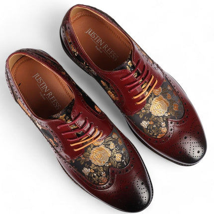 Justin Reess Men's Wine Leather Floral Print Brogue Dress Shoes - Ross