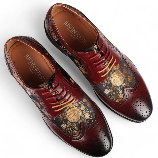 Justin Reess Men's Wine Leather Floral Print Brogue Dress Shoes - Ross