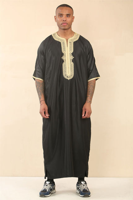 Men's Black Moroccan Thobe Djellaba Jubba Robe Eid