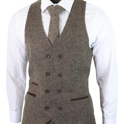 Mens Oak Brown Wool 3 Piece Suit Double Breasted Waistcoat Tweed Peaky Blinders 1920s