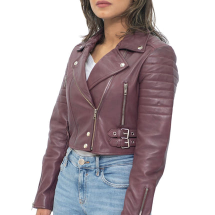 Womens Cropped Brando Leather Biker Jacket-Damascus