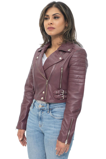 Womens Cropped Brando Leather Biker Jacket-Damascus