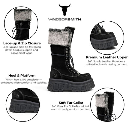 Windsorsmith Women's Black Suede Leather Platform Combat Fur Boots - Saintly