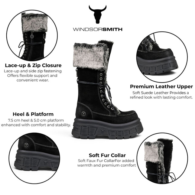 Windsorsmith Women's Black Suede Leather Platform Combat Fur Boots - Saintly