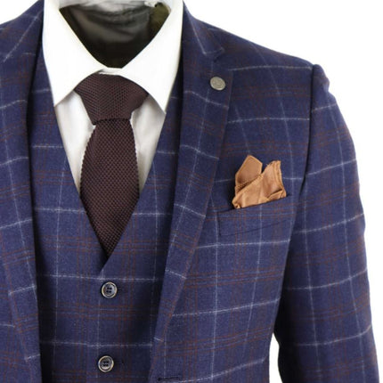 Mens 3 Piece Navy Blue Wool Check Retro Suit