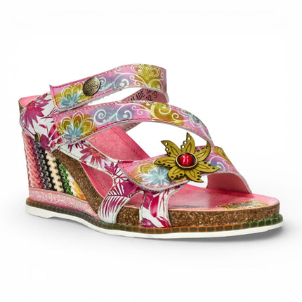 Laura Vita Women's Balade 32 Rose Pink Floral Leather Wedge Espadrille Sandals