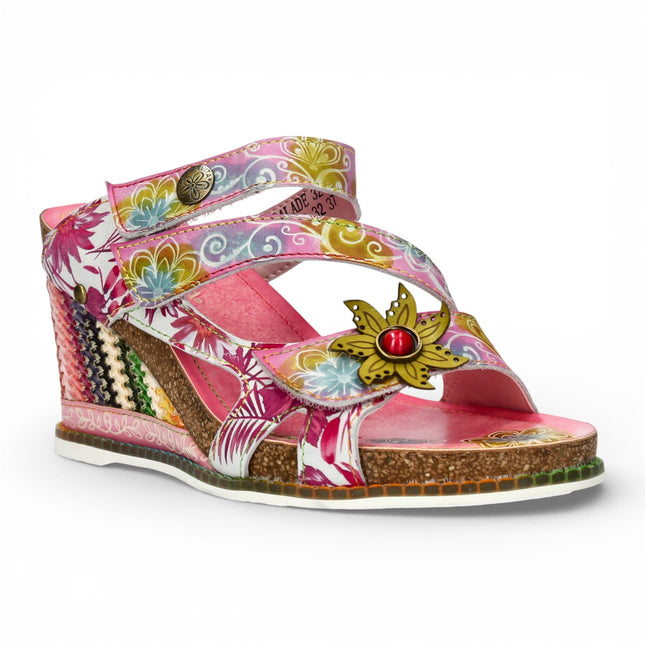 Laura Vita Women's Balade 32 Rose Pink Floral Leather Wedge Espadrille Sandals