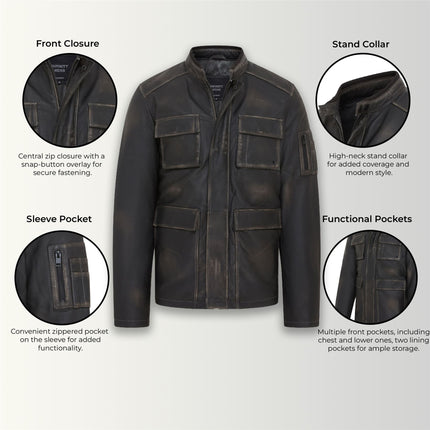 Men's Black Vintage Lamb Leather Safari Parka Jacket Coat