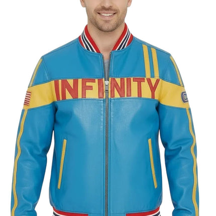 Men's Blue Leather Track Racing Bomber Biker Jacket - Player