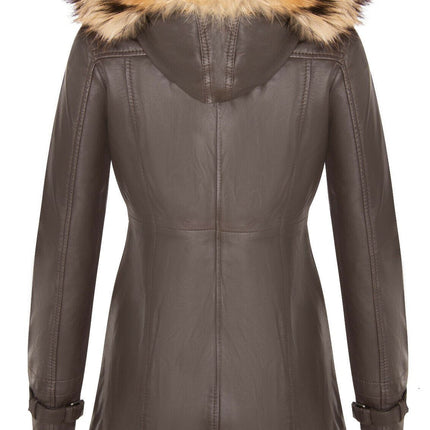 Womens Warm Leather Hooded Parka Jacket-Northwich